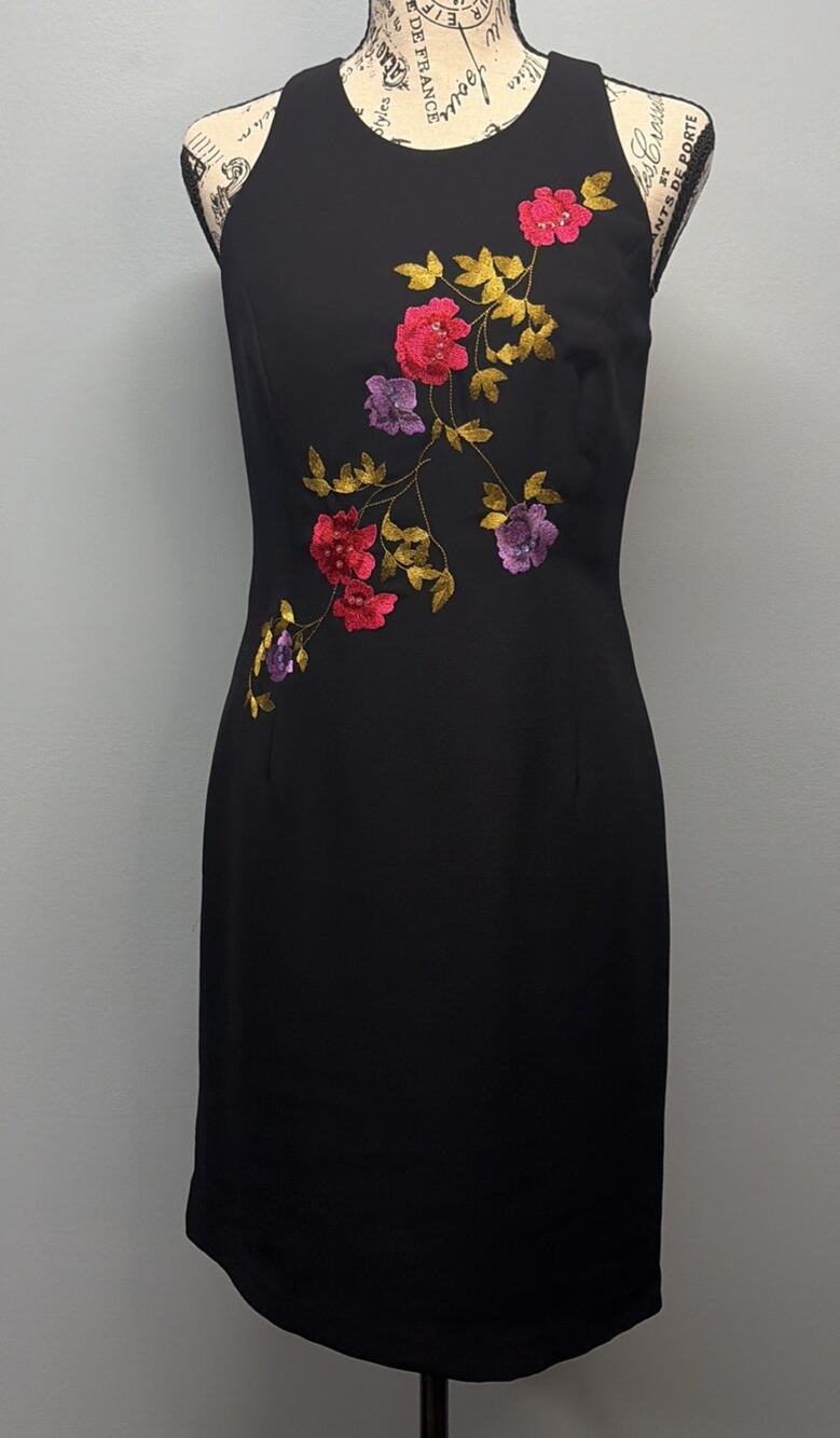 Vintage Bob Mackie Studio Black Sleeveless Sheath Dress Sz 2P Embroidered Floral